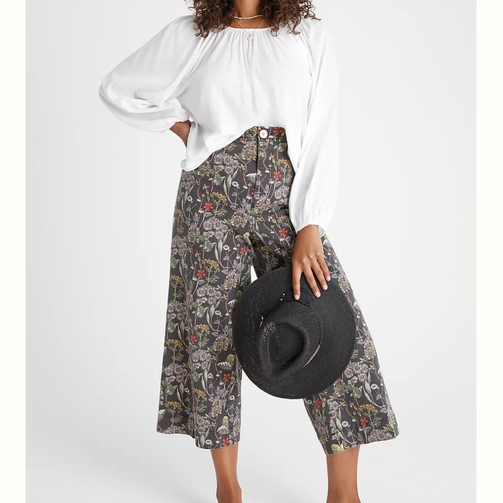 Floral Wide-Leg Crop Jeans - Gray